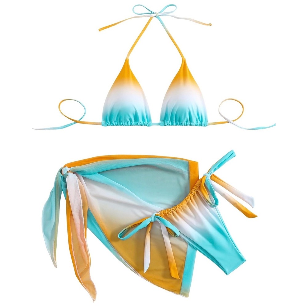 3 Piece Ombre Bikini Set with Mesh Sarong Cover Up Orange Blue Sunset‎ 1XL